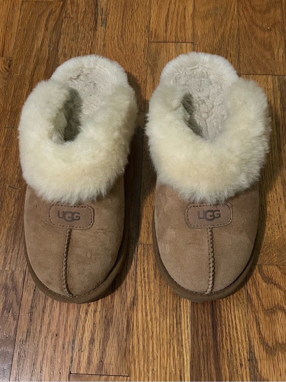 UGG Women's Chestnut Suede Sheepskin Clog Slippers with Cream Fur Collar